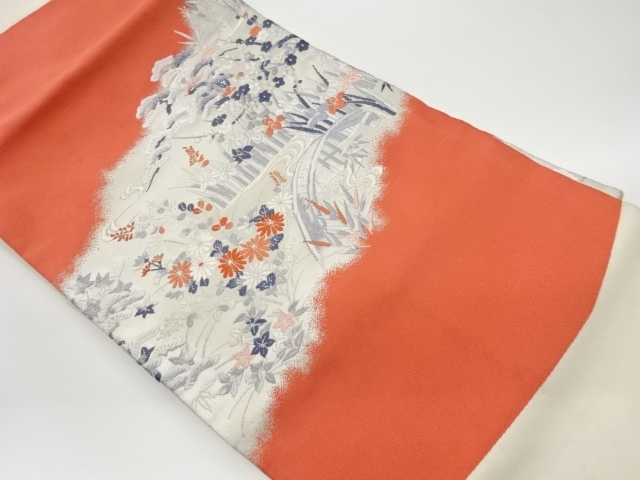 JAPANESE KIMONO / VINTAGE NAGOYA OBI / WOVEN STREAM & FLORAL PLANTS